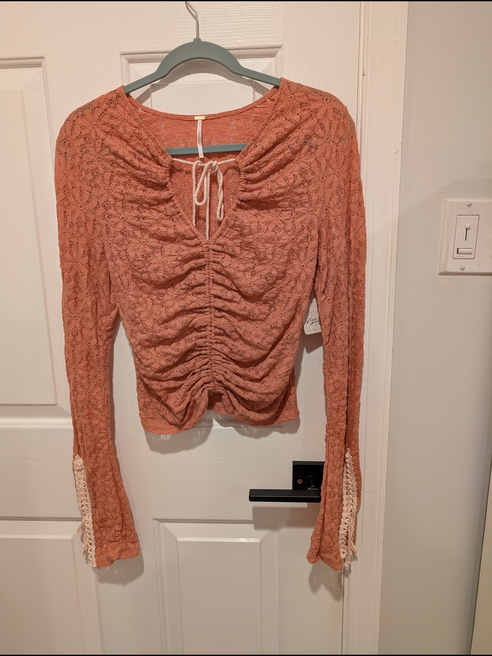 Free People Ruched Long-Sleeve Lace Top in Dusty Rose